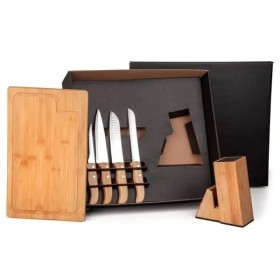 Conjunto para Cozinha com Cepo em Bambu / Madeira / Inox 6 Pçs Personalizado