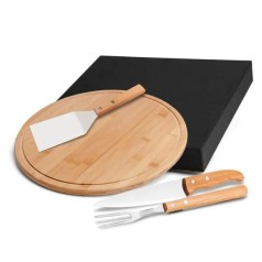 Conjunto para Churrasco e Pizza em Bambu / Madeira / Inox 35cm 4 Pçs, Personalizado