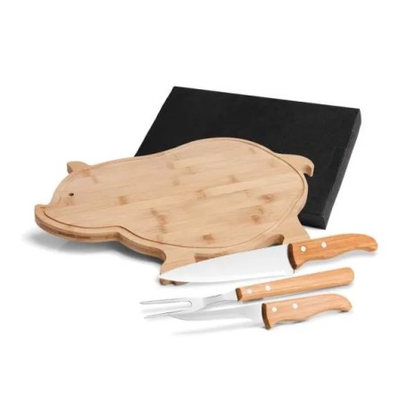 Kit para Cozinha com Tábua Porco em Bambu / Madeira / Inox 4 Pçs Personalizado
