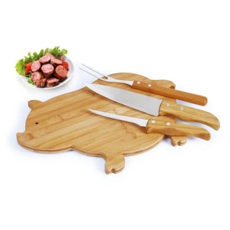 Kit para Cozinha com Tábua Porco em Bambu / Madeira / Inox 4 Pçs Personalizado