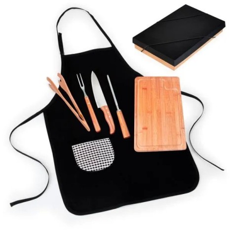 Kit para Churrasco em Bambu / Madeira / Inox com Avental 6 Pçs Personalizado