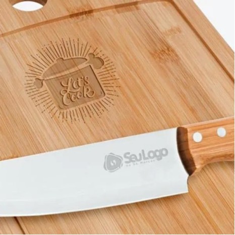 Kit para Churrasco / Cozinha em Bambu / Madeira / Inox 5 Pçs Personalizado