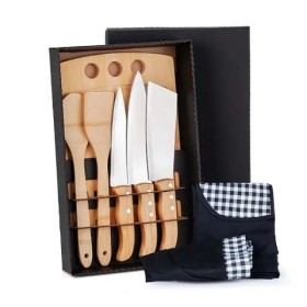 Kit para Cozinha em Bambu / Madeira / Inox com Avental e Touca 8 Pçs Personalizado