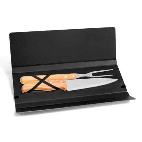 Conjunto de Garfo e Faca Inox / Madeira / Bambu com Estojo Preto 3 Pçs Personalizado