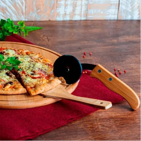Conjunto para Pizza em Bambu 35 cm 3 Pçs Personalizado