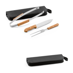 Kit Churrasco Aço Inox e Madeira 3 Pecas com Logotipo Personalizado